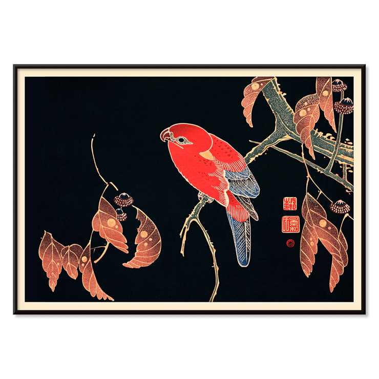 Red Parrot on the Branch of a Tree by Ito Jakuchu showcasing intricate details and vibrant colors. Poster of a vibrant red parrot perched on a tree branch from the artwork Red Parrot on the Branch of a Tree by Ito Jakuchu
