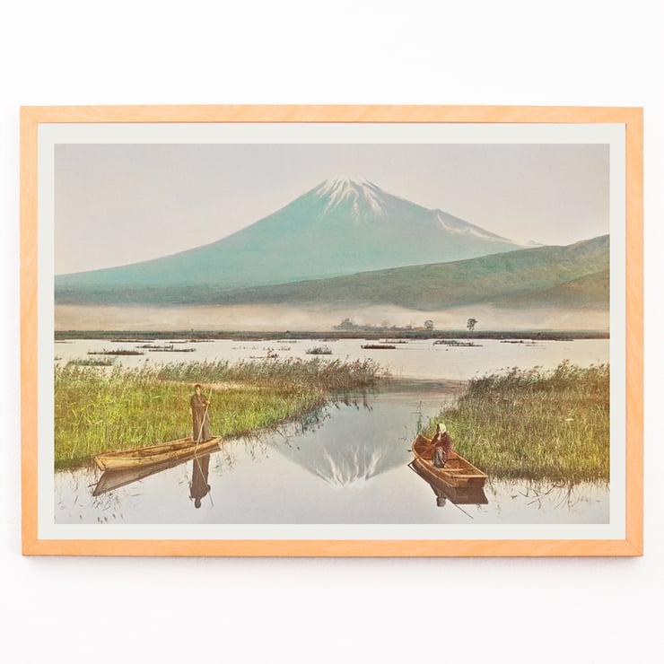 Mount Fuji view from Kashiwabara with boats on water hand-colored albumen silver print by Kazumasa Ogawa Poster of Mount Fuji as Seen from Kashiwabara with two people in boats on a tranquil lake by Kazumasa Ogawa