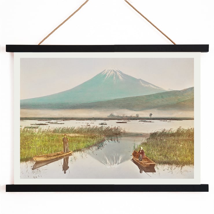 Mount Fuji view from Kashiwabara with boats on water hand-colored albumen silver print by Kazumasa Ogawa Poster of Mount Fuji as Seen from Kashiwabara with two people in boats on a tranquil lake by Kazumasa Ogawa