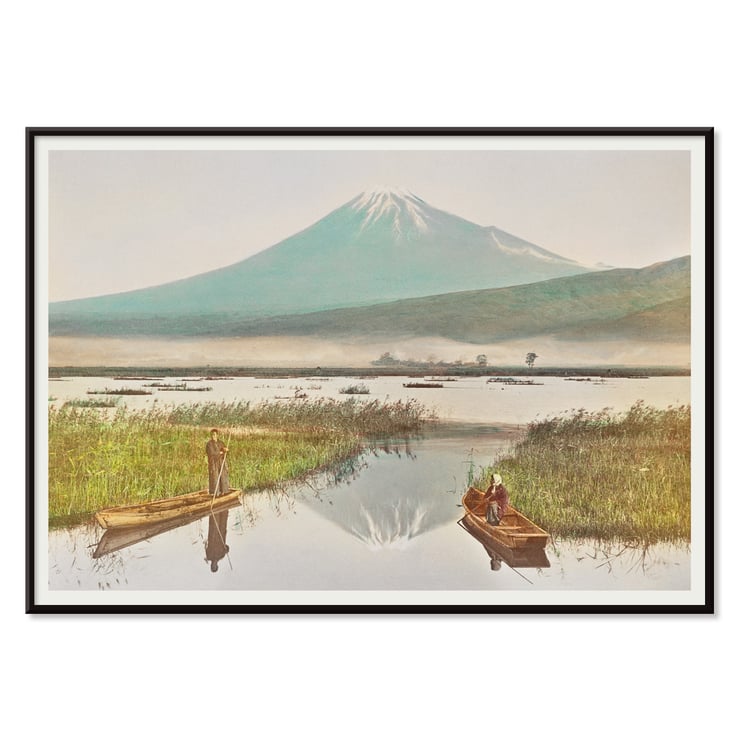 Mount Fuji view from Kashiwabara with boats on water hand-colored albumen silver print by Kazumasa Ogawa Poster of Mount Fuji as Seen from Kashiwabara with two people in boats on a tranquil lake by Kazumasa Ogawa