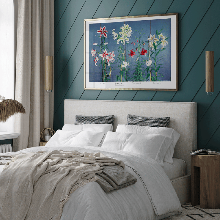 Lily hand-colored collotype from Some Japanese Flowers by Kazumasa Ogawa featuring colorful lilies on a blue background Poster of vibrant lilies in various colors by Kazumasa Ogawa from Some Japanese Flowers.