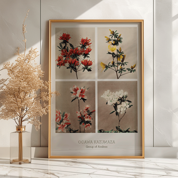 Group of Azaleas by Kazumasa Ogawa features hand-colored collotype of vibrant azalea flowers. Poster featuring various azalea flowers from Group of Azaleas by Kazumasa Ogawa in a hand-colored collotype style artwork.