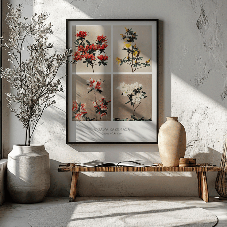 Group of Azaleas by Kazumasa Ogawa features hand-colored collotype of vibrant azalea flowers. Poster featuring various azalea flowers from Group of Azaleas by Kazumasa Ogawa in a hand-colored collotype style artwork.