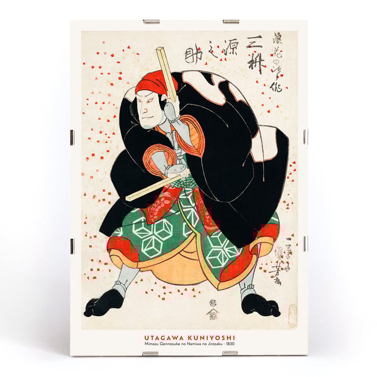 Samurai warrior in colorful attire by Utagawa Kuniyoshi titled Mimasu Gennosuke no Namiwa no Jirosaku. Poster of a traditional Japanese figure dressed in vibrant garments in Mimasu Gennosuke no Namiwa no Jirosaku by Utagawa Kuniyoshi.