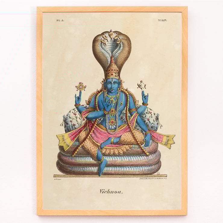 Illustration von Vishnu von Jean-Jacques Chabrélie mit dem Titel Vishnou L'Inde française Poster von Vishnou in traditioneller Kleidung auf einem Schlangenthron sitzend von Jean-Jacques Chabrélie aus dem Kunstwerk Vishnou L'Inde française.