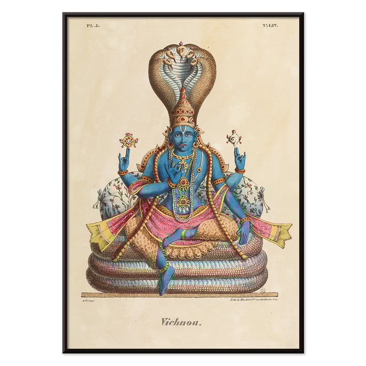 Illustration von Vishnu von Jean-Jacques Chabrélie mit dem Titel Vishnou L'Inde française Poster von Vishnou in traditioneller Kleidung auf einem Schlangenthron sitzend von Jean-Jacques Chabrélie aus dem Kunstwerk Vishnou L'Inde française.