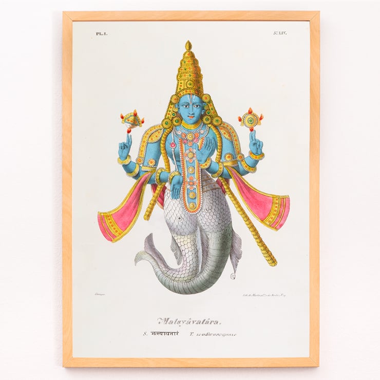 Matsyavatara by Jean-Jacques Chabrélie vibrant depiction of a deity with a fish tail and ornate attire. Poster of Matsyavatara by Jean-Jacques Chabrélie depicting a colorful deity with a fish tail and ornate attire.
