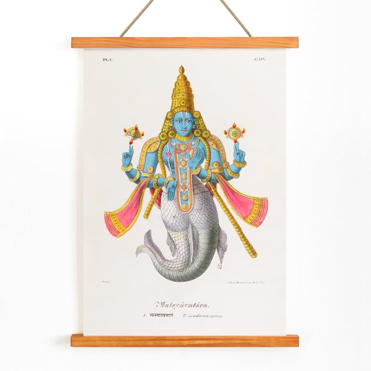 Matsyavatara by Jean-Jacques Chabrélie vibrant depiction of a deity with a fish tail and ornate attire. Poster of Matsyavatara by Jean-Jacques Chabrélie depicting a colorful deity with a fish tail and ornate attire.