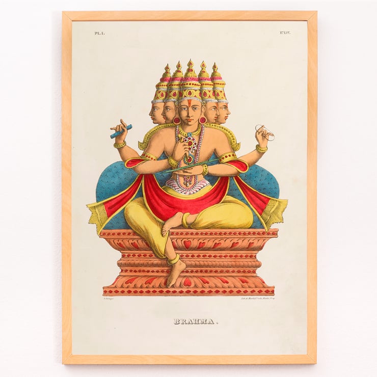 Depiction of Brahma sitting on a throne in traditional attire by Jean-Jacques Chabrélie titled Brahma L'Inde française Poster of Brahma with multiple heads and arms seated on an ornate platform by Jean-Jacques Chabrélie titled Brahma L'Inde française