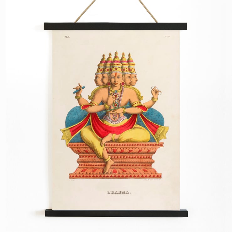 Depiction of Brahma sitting on a throne in traditional attire by Jean-Jacques Chabrélie titled Brahma L'Inde française Poster of Brahma with multiple heads and arms seated on an ornate platform by Jean-Jacques Chabrélie titled Brahma L'Inde française
