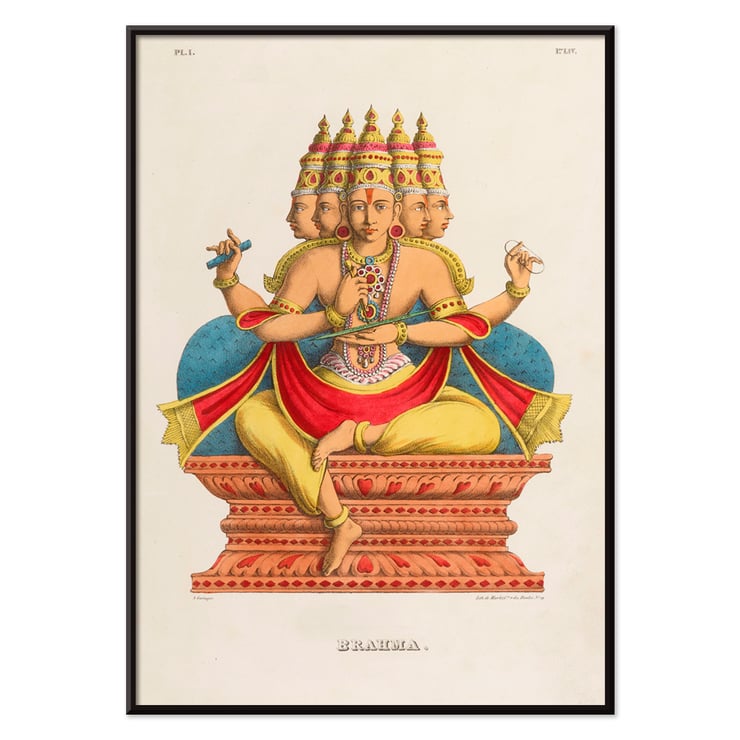 Depiction of Brahma sitting on a throne in traditional attire by Jean-Jacques Chabrélie titled Brahma L'Inde française Poster of Brahma with multiple heads and arms seated on an ornate platform by Jean-Jacques Chabrélie titled Brahma L'Inde française