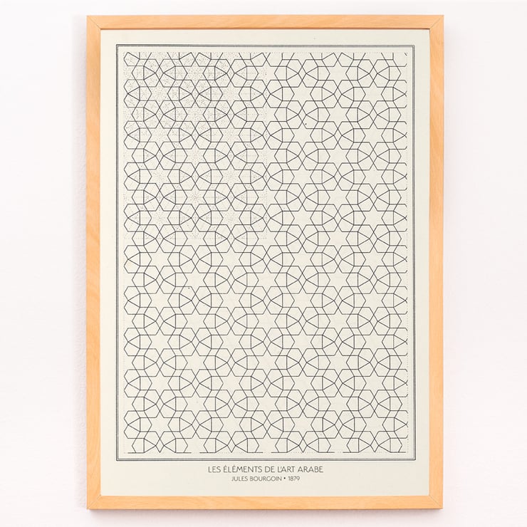 Les éléments de l’art arabe by Jules Bourgoin features intricate geometric patterns. Poster of geometric patterns from Les éléments de l’art arabe by Jules Bourgoin showing intricate arabesque design.