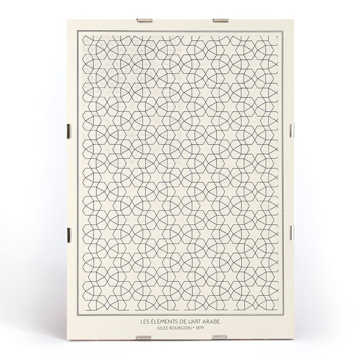 Les éléments de l’art arabe by Jules Bourgoin features intricate geometric patterns. Poster of geometric patterns from Les éléments de l’art arabe by Jules Bourgoin showing intricate arabesque design.