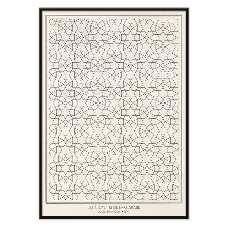 Les éléments de l’art arabe by Jules Bourgoin features intricate geometric patterns. Poster of geometric patterns from Les éléments de l’art arabe by Jules Bourgoin showing intricate arabesque design.
