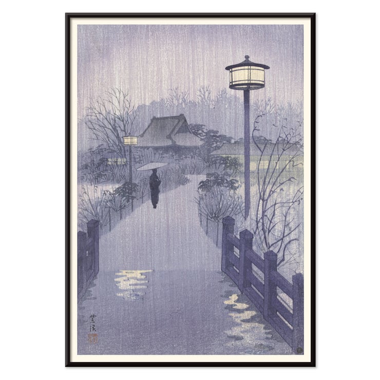 Illustration of a rainy evening at Shinobazu pond by Kasamatsu Shirô showing a person with an umbrella walking near a lamppost. Poster of a serene evening scene with a lone figure by Shinobazu pond Artist Kasamatsu Shirô Artwork Evening rain