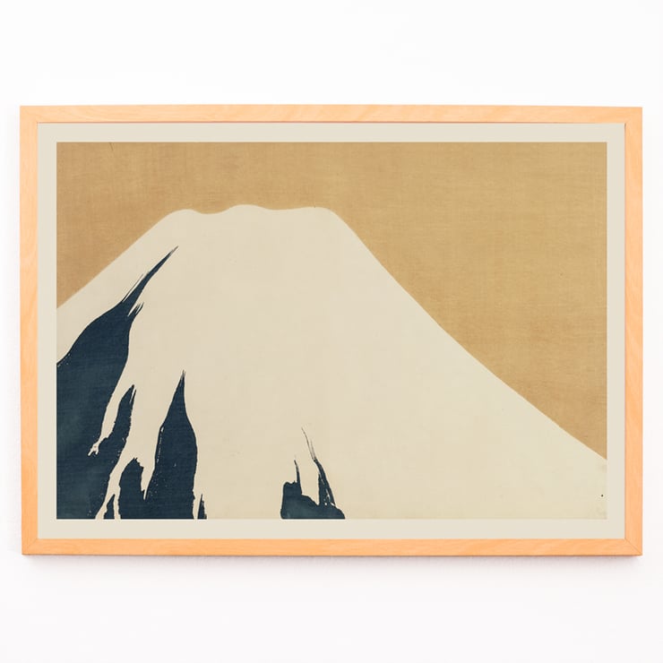 Mount Fuji by Kamisaka Sekka artwork depicting a minimalist illustration of the mountain. Poster depicting Mount Fuji by Kamisaka Sekka features a minimalist design with a snow-capped peak against a warm beige background.