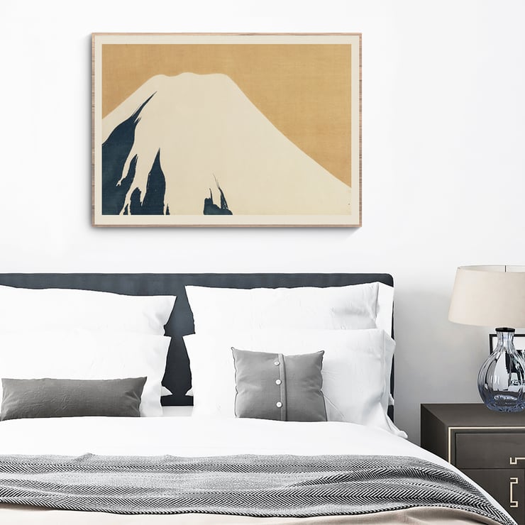Mount Fuji by Kamisaka Sekka artwork depicting a minimalist illustration of the mountain. Poster depicting Mount Fuji by Kamisaka Sekka features a minimalist design with a snow-capped peak against a warm beige background.