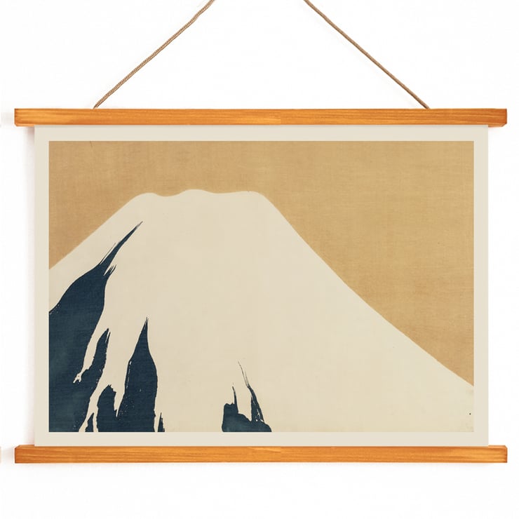 Mount Fuji by Kamisaka Sekka artwork depicting a minimalist illustration of the mountain. Poster depicting Mount Fuji by Kamisaka Sekka features a minimalist design with a snow-capped peak against a warm beige background.