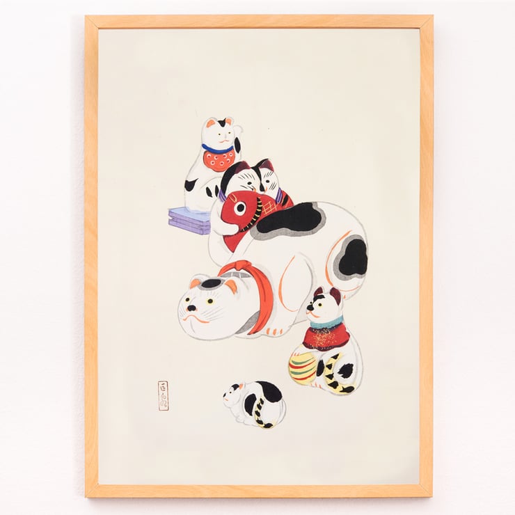 Colorful Japanese toys depicted in Kyosen’s Collected Illustrations of Japanese Toys Pl by Kawasaki Kyosen. Poster of traditional Japanese toy illustrations by Kawasaki Kyosen from Kyosen’s Collected Illustrations of Japanese Toys.