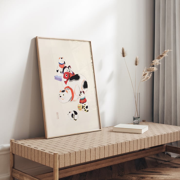 Colorful Japanese toys depicted in Kyosen’s Collected Illustrations of Japanese Toys Pl by Kawasaki Kyosen. Poster of traditional Japanese toy illustrations by Kawasaki Kyosen from Kyosen’s Collected Illustrations of Japanese Toys.
