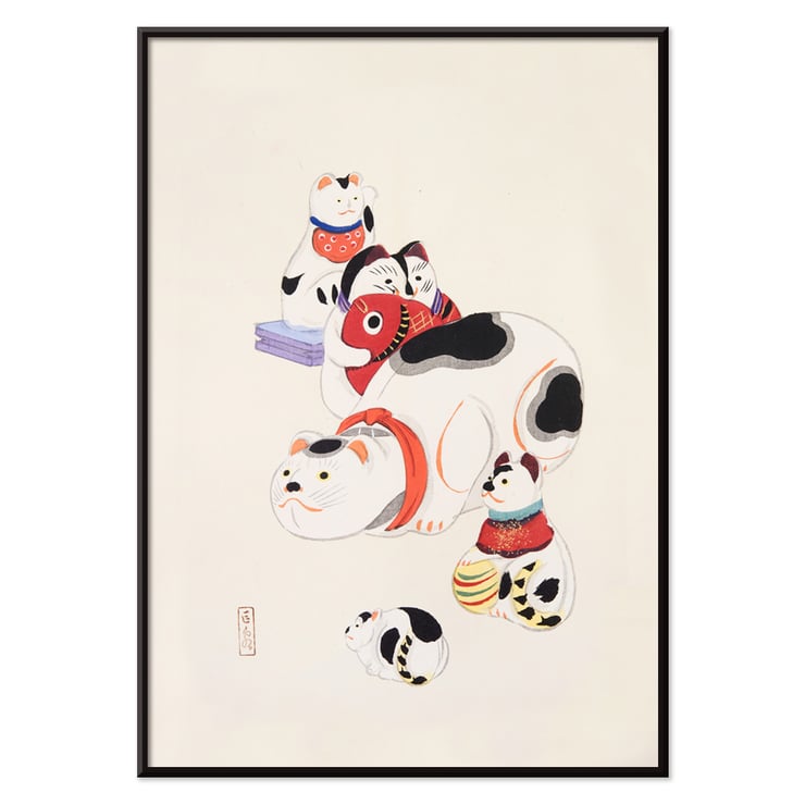 Colorful Japanese toys depicted in Kyosen’s Collected Illustrations of Japanese Toys Pl by Kawasaki Kyosen. Poster of traditional Japanese toy illustrations by Kawasaki Kyosen from Kyosen’s Collected Illustrations of Japanese Toys.