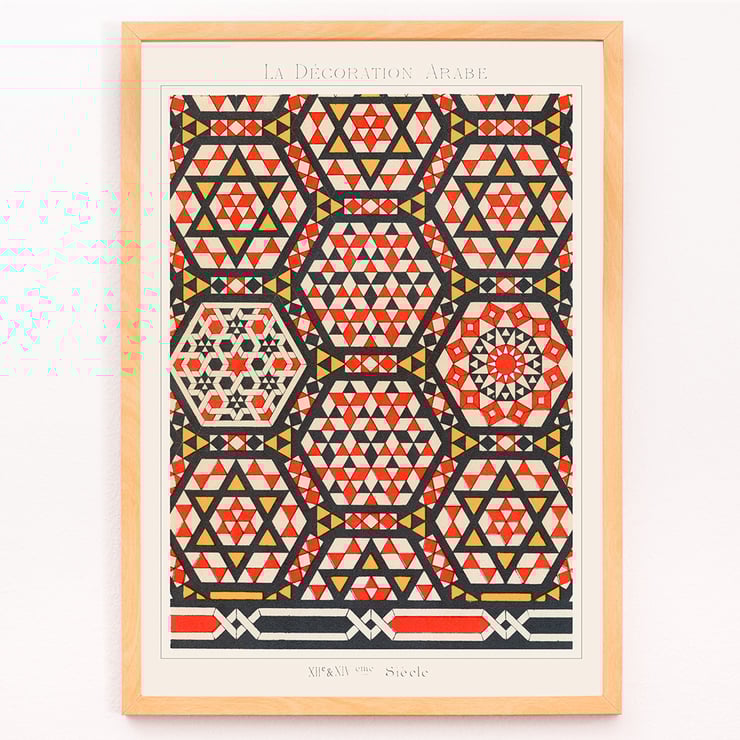 Intricate geometric patterns artwork by Emile Prisses d’Avennes La Decoration Arabe 2 Poster with geometric patterns in red black and beige from La Decoration Arabe by Emile Prisses d’Avennes.