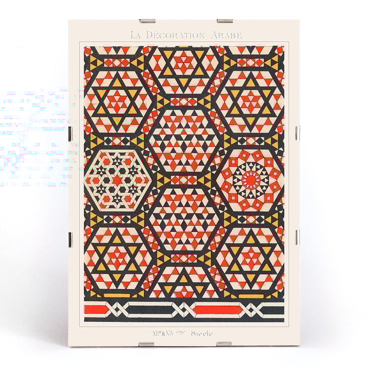 Intricate geometric patterns artwork by Emile Prisses d’Avennes La Decoration Arabe 2 Poster with geometric patterns in red black and beige from La Decoration Arabe by Emile Prisses d’Avennes.