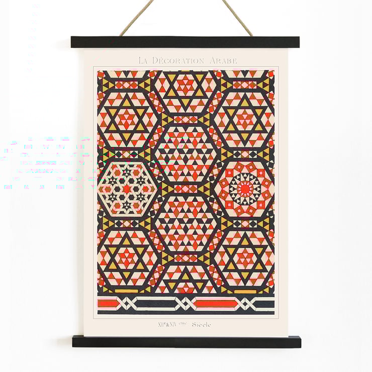 Intricate geometric patterns artwork by Emile Prisses d’Avennes La Decoration Arabe 2 Poster with geometric patterns in red black and beige from La Decoration Arabe by Emile Prisses d’Avennes.