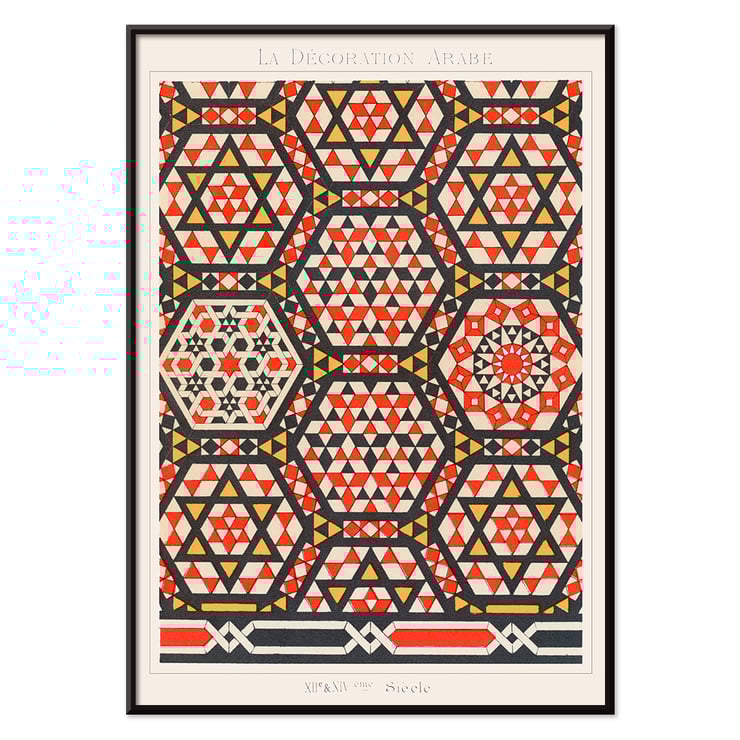 Intricate geometric patterns artwork by Emile Prisses d’Avennes La Decoration Arabe 2 Poster with geometric patterns in red black and beige from La Decoration Arabe by Emile Prisses d’Avennes.