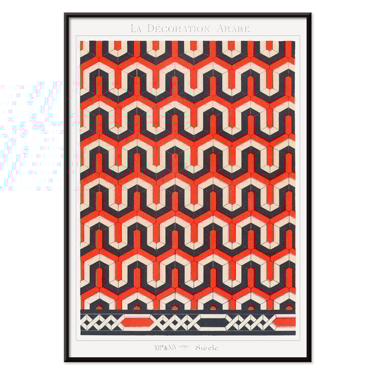 Geometrisches Arabeskenmuster von Emile Prisses d'Avennes in La Decoration Arabe Poster geometrisches Muster mit ineinandergreifenden Formen in Rot, Schwarz und Beige von Emile Prisses d'Avennes von La Decoration Arabe
