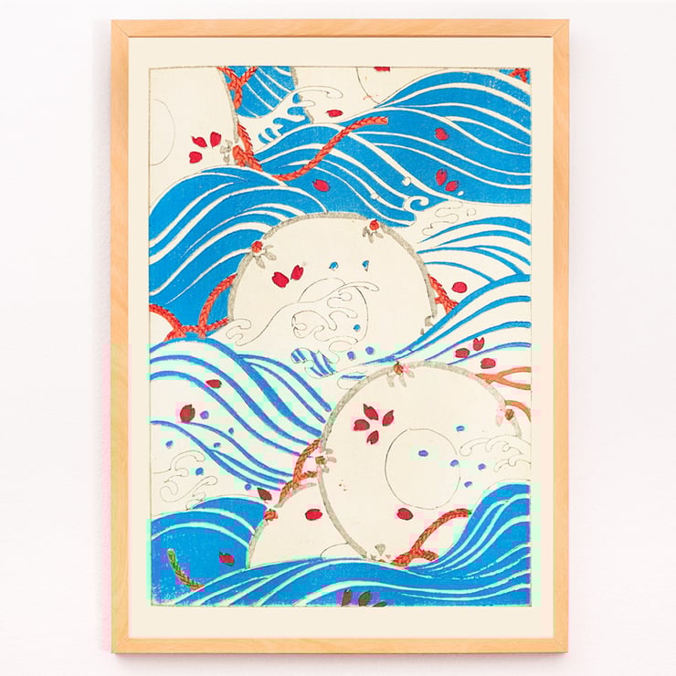 Korin Furuya's Bijutsukai Pl 175 vibrant abstract waves and circles artwork. Poster featuring abstract blue waves and floral patterns titled Bijutsukai Pl by artist Korin Furuya.