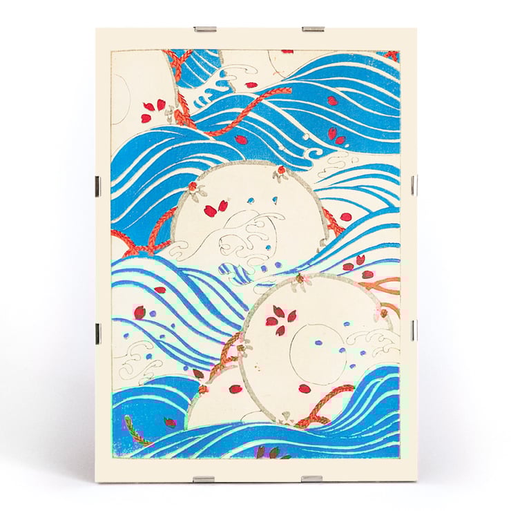Korin Furuya's Bijutsukai Pl 175 vibrant abstract waves and circles artwork. Poster featuring abstract blue waves and floral patterns titled Bijutsukai Pl by artist Korin Furuya.