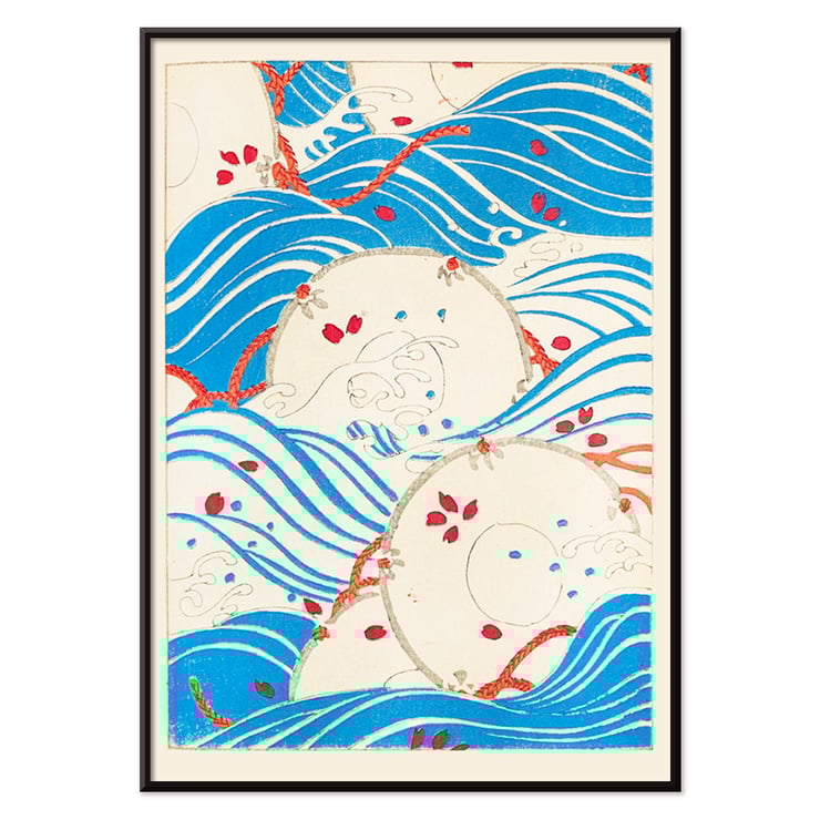 Korin Furuya's Bijutsukai Pl 175 vibrant abstract waves and circles artwork. Poster featuring abstract blue waves and floral patterns titled Bijutsukai Pl by artist Korin Furuya.