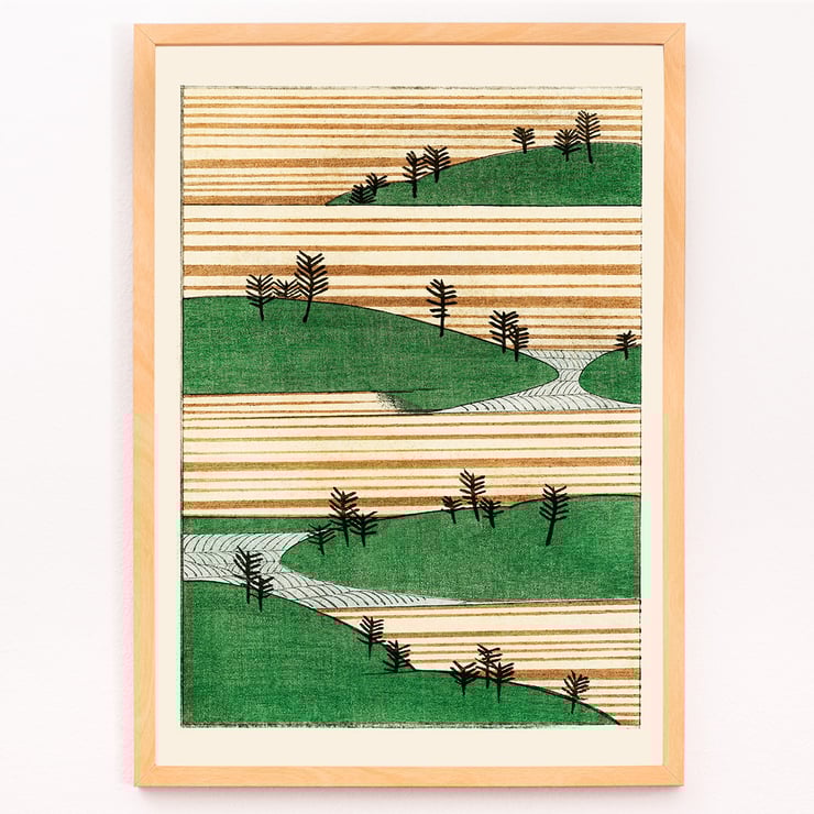 Landscape illustration by Watanabe Seitei depicting green hills and striped fields Poster of a landscape illustration by Watanabe Seitei depicting green hills with trees against a background of horizontal stripes.