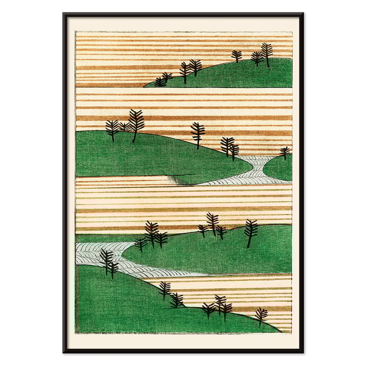 Landscape illustration by Watanabe Seitei depicting green hills and striped fields Poster of a landscape illustration by Watanabe Seitei depicting green hills with trees against a background of horizontal stripes.