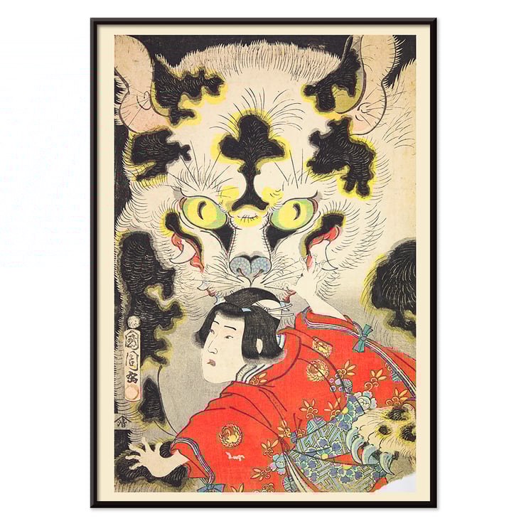 Azuma nishikie Pl.46 de l'artiste présente une personne en tenue traditionnelle avec une créature mythique en arrière-plan Poster intitulé Azuma nishikie Pl.46 mettant en scène un tigre aux yeux perçants derrière une silhouette en kimono rouge à motifs floraux