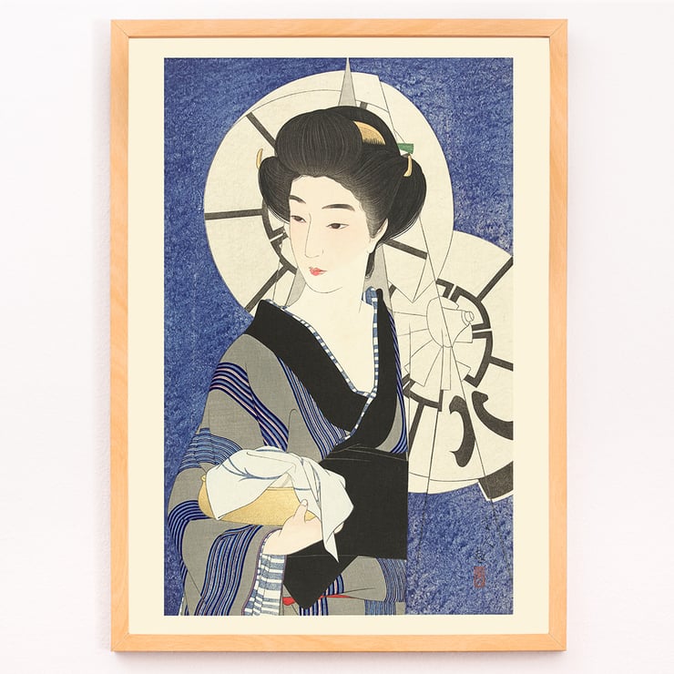 After visiting the bathhouse by Kotondo Torii woman in kimono holding a towel with an umbrella background Poster of a woman in traditional Japanese attire holding a towel in Bathhouse by Kotondo Torii with a blue background and umbrella.