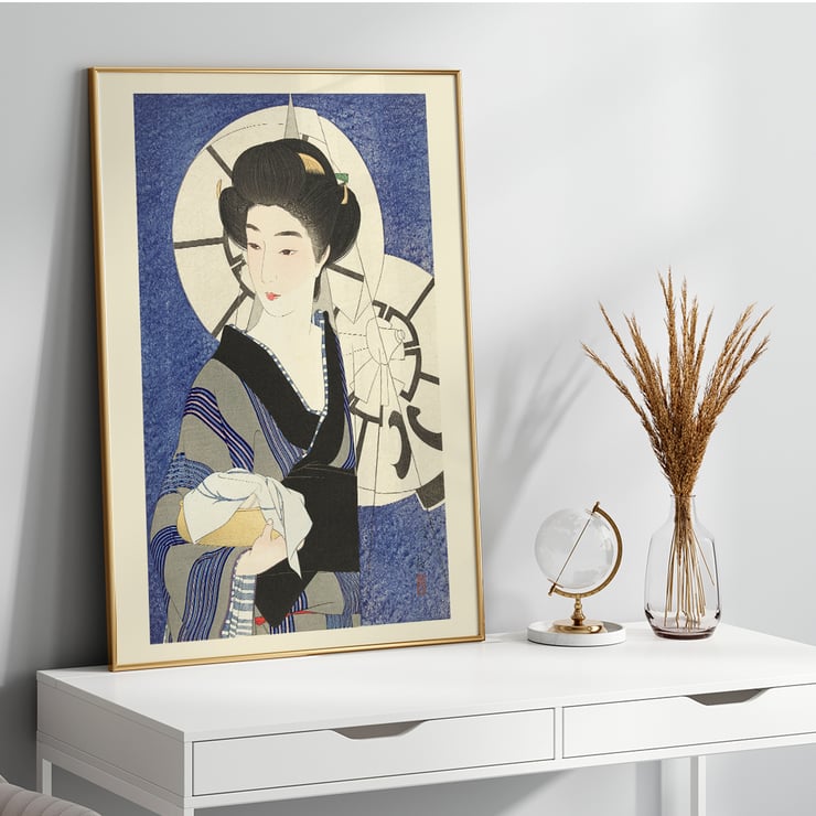 After visiting the bathhouse by Kotondo Torii woman in kimono holding a towel with an umbrella background Poster of a woman in traditional Japanese attire holding a towel in Bathhouse by Kotondo Torii with a blue background and umbrella.