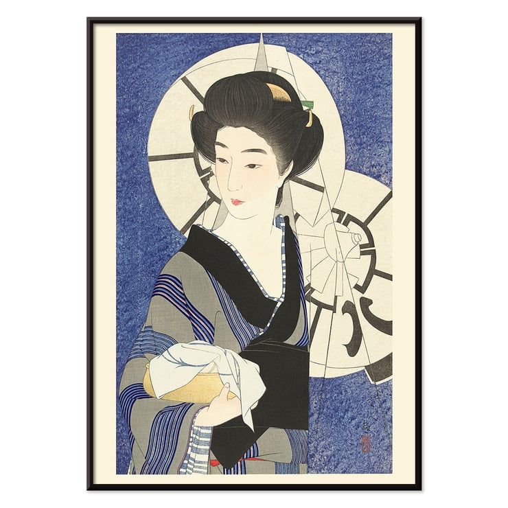 After visiting the bathhouse by Kotondo Torii woman in kimono holding a towel with an umbrella background Poster of a woman in traditional Japanese attire holding a towel in Bathhouse by Kotondo Torii with a blue background and umbrella.