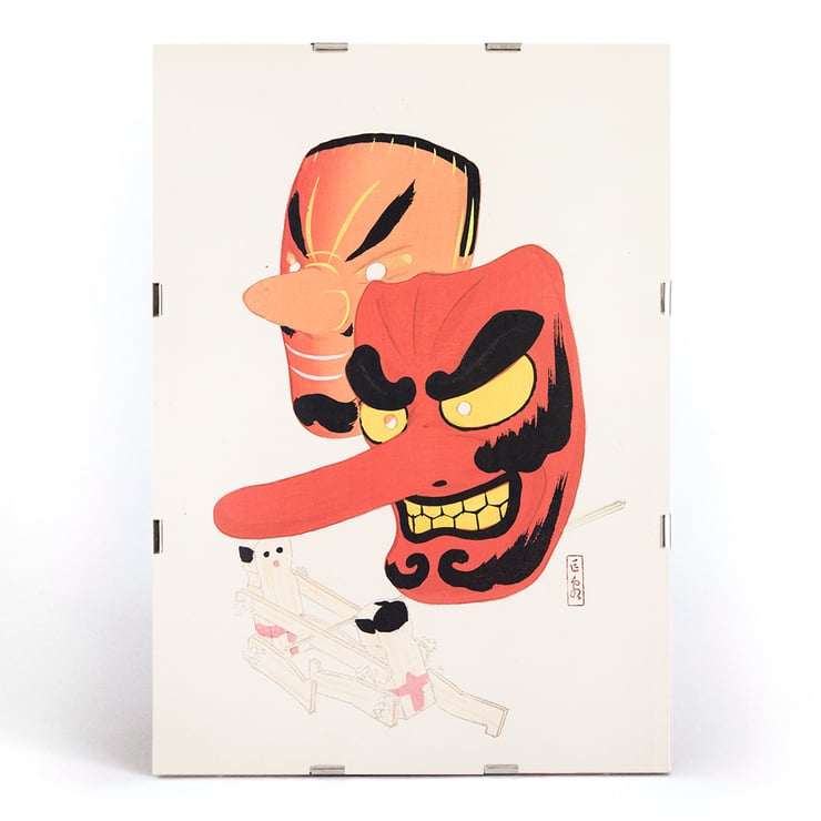 Colorful depiction of traditional Japanese masks by Kawasaki Kyosen in Kyosen’s Collected Illustrations of Japanese Toys Pl.027 Poster featuring two traditional Japanese comic masks by Kawasaki Kyosen titled Kyosen’s Collected Illustrations of Japanese Toys Pl.027.