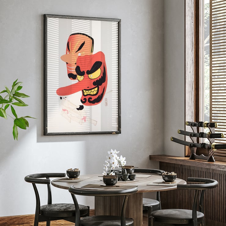 Colorful depiction of traditional Japanese masks by Kawasaki Kyosen in Kyosen’s Collected Illustrations of Japanese Toys Pl.027 Poster featuring two traditional Japanese comic masks by Kawasaki Kyosen titled Kyosen’s Collected Illustrations of Japanese Toys Pl.027.