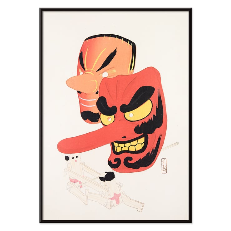 Colorful depiction of traditional Japanese masks by Kawasaki Kyosen in Kyosen’s Collected Illustrations of Japanese Toys Pl.027 Poster featuring two traditional Japanese comic masks by Kawasaki Kyosen titled Kyosen’s Collected Illustrations of Japanese Toys Pl.027.