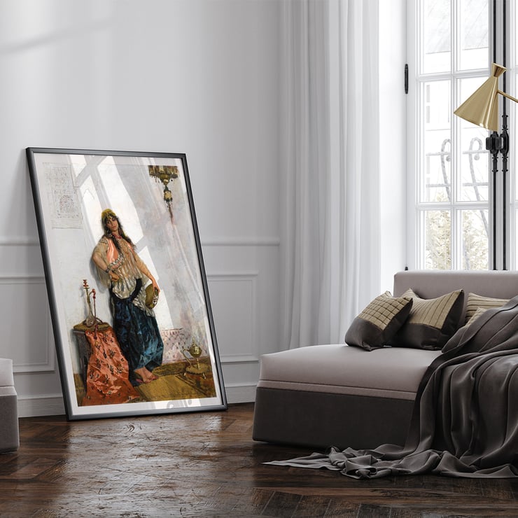 Cesare Biseo artwork Oriental dancer painting featuring a woman in traditional attire with a hookah and ornate backdrop Poster of Oriental Dancer by Cesare Biseo depicting a woman in traditional attire standing next to a table with a hookah and a lamp.