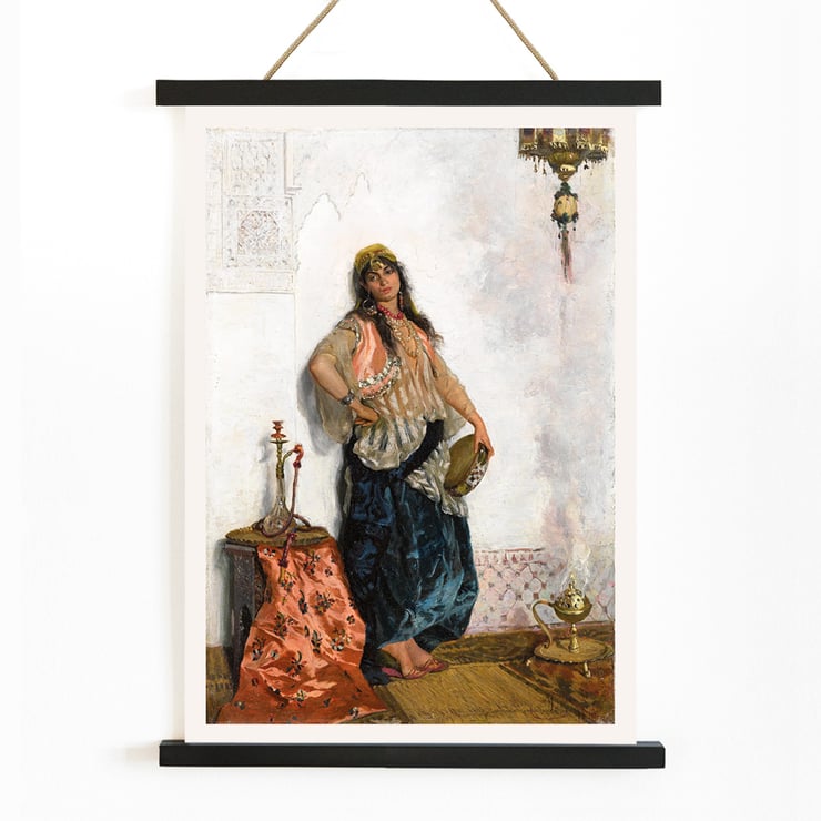 Cesare Biseo artwork Oriental dancer painting featuring a woman in traditional attire with a hookah and ornate backdrop Poster of Oriental Dancer by Cesare Biseo depicting a woman in traditional attire standing next to a table with a hookah and a lamp.