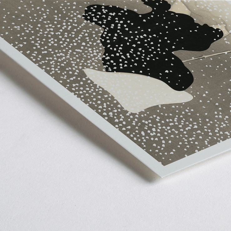 Snowy scene with silhouette by Kamisaka Sekka in Tomoe no yuki Poster of Tomoe no yuki by Kamisaka Sekka depicting a figure in dark attire under heavy snowfall with a white hat and walking stick