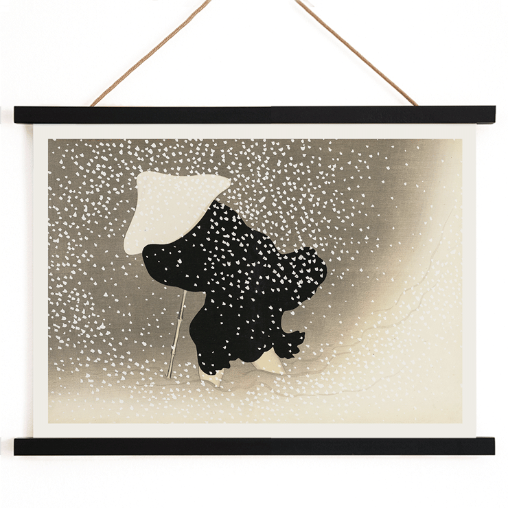 Snowy scene with silhouette by Kamisaka Sekka in Tomoe no yuki Poster of Tomoe no yuki by Kamisaka Sekka depicting a figure in dark attire under heavy snowfall with a white hat and walking stick
