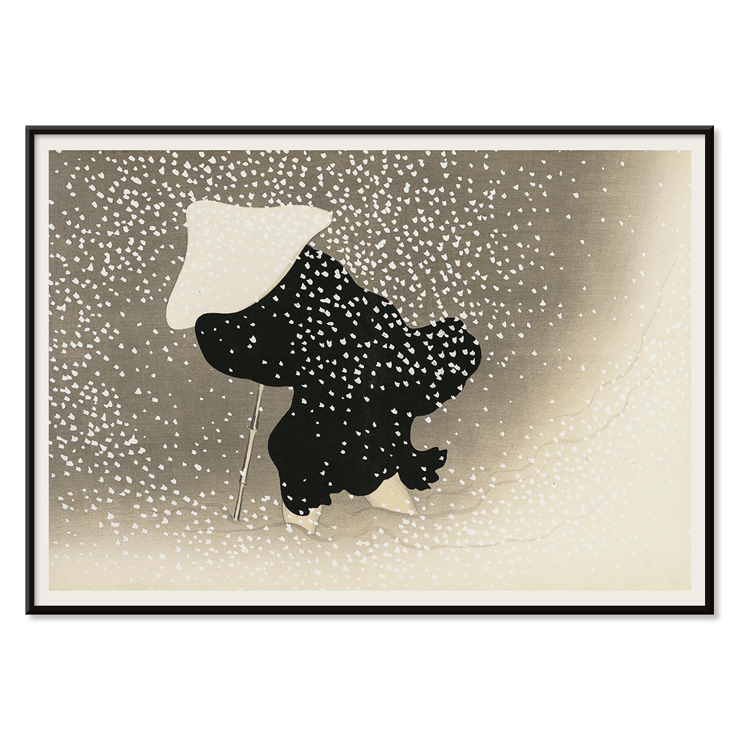 Snowy scene with silhouette by Kamisaka Sekka in Tomoe no yuki Poster of Tomoe no yuki by Kamisaka Sekka depicting a figure in dark attire under heavy snowfall with a white hat and walking stick