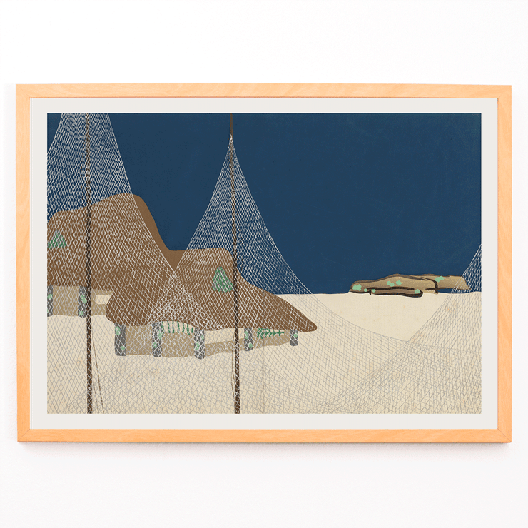Ryoson by Kamisaka Sekka depicting a coastal scene with fishing nets and mountains Poster of Ryoson by Kamisaka Sekka depicting net-covered structures with a blue sky background and a landscape scene