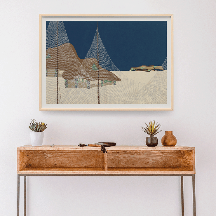 Ryoson by Kamisaka Sekka depicting a coastal scene with fishing nets and mountains Poster of Ryoson by Kamisaka Sekka depicting net-covered structures with a blue sky background and a landscape scene