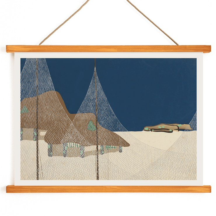 Ryoson by Kamisaka Sekka depicting a coastal scene with fishing nets and mountains Poster of Ryoson by Kamisaka Sekka depicting net-covered structures with a blue sky background and a landscape scene
